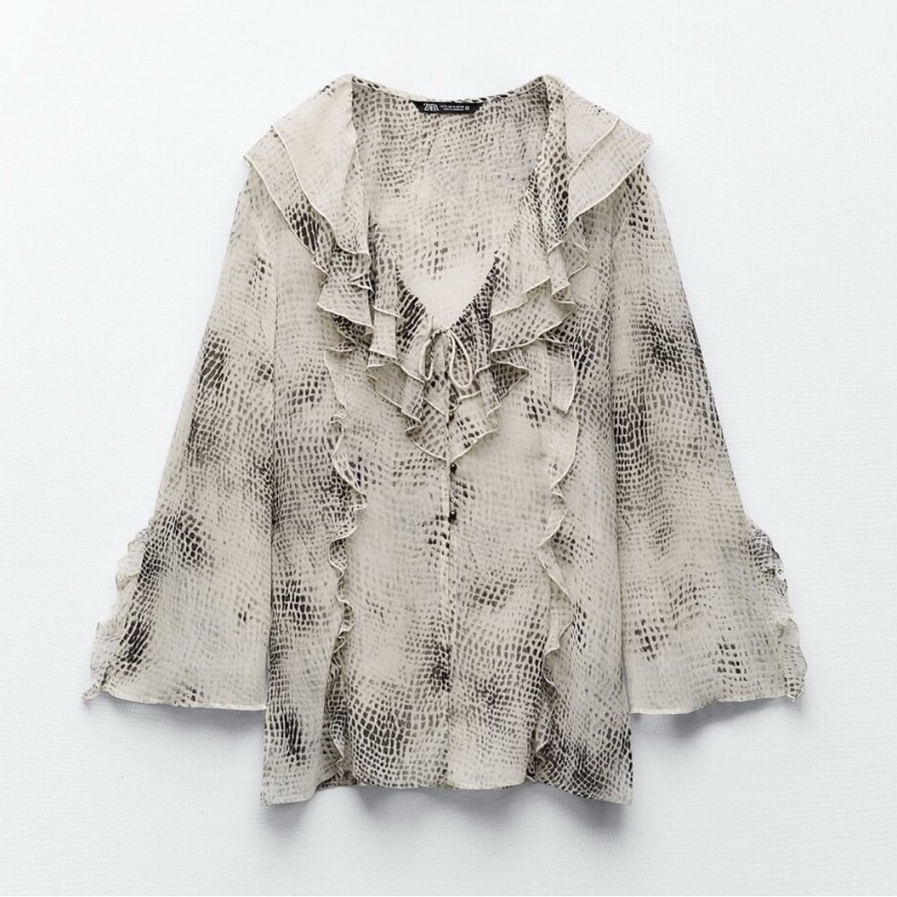 Zara Ruffled Animal Print Blouse ruffle sheer snake skin size L